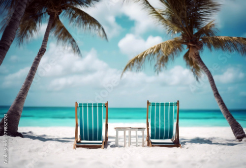 two idyllic turquoise beach deckchairs sea white