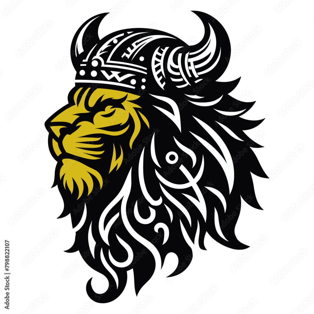 Fototapeta premium Embrace Norse mythology with this bold Viking lion silhouette vector. Blending a fierce lion with Viking motifs, this artwork epitomizes strength and regality in a minimalistic design.