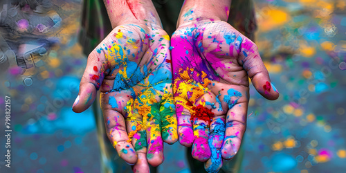 Children's hands with Holi paints 