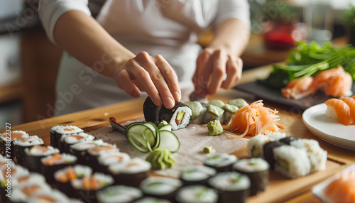 Woman preparing sushi rolls at table