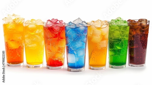 As you take in the scene, you can almost hear the satisfying fizz of carbonation and feel the coolness of the beverages against your fingertips. The vibrant colors of the drinks pop against the white 