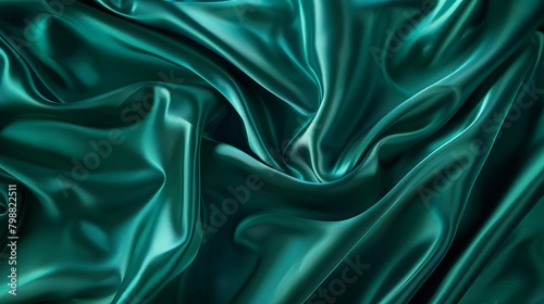 From a flat lay perspective, the teal green silk satin cascades gracefully across a tabletop, creating a visual feast for the senses. Its rich color captivates the eye, while the smoothness of the fab photo