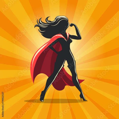 Woman Superhero Silhouette in a Red Cape on Yellow Burst Background