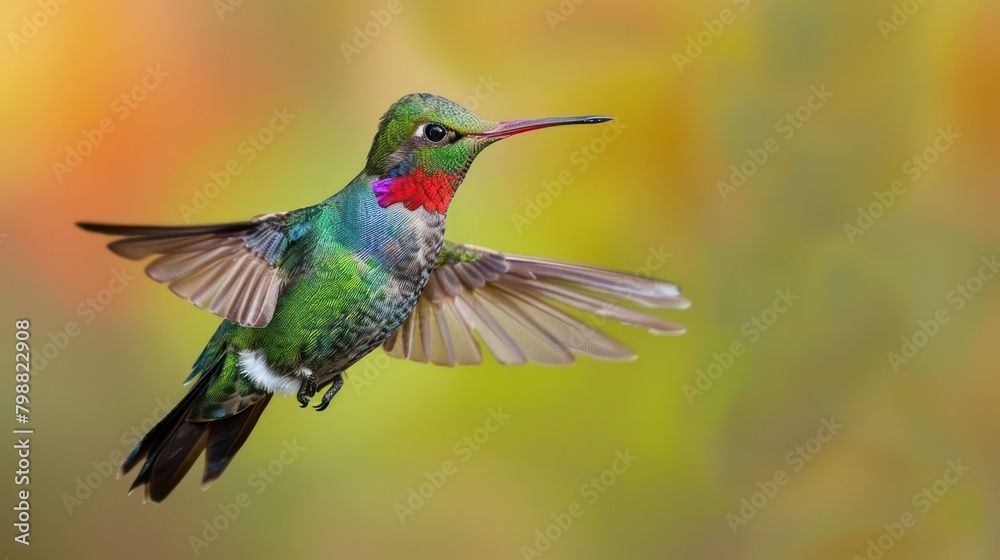 Fototapeta premium Beautiful wide-beaked colorful colibri bird flying against bokeh background