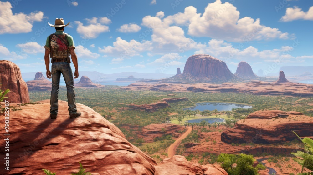 Obraz premium Adult man in cowboy hat on dirt road against sky UHD WALLPAPER