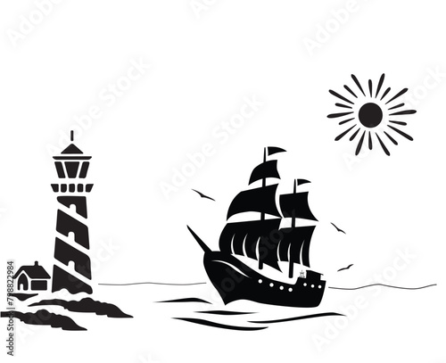 on the sea there is an ship and an lighthouse not IA
