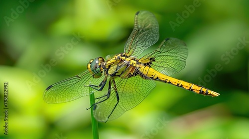 A yellow dragonfly is perched on a green leaf. Its wings are mostly transparent with a yellow tinge and black veins