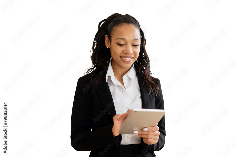 The secretary, a woman in a suit, uses a tablet cut out The secretary, a woman in a suit, uses a tablet cut out