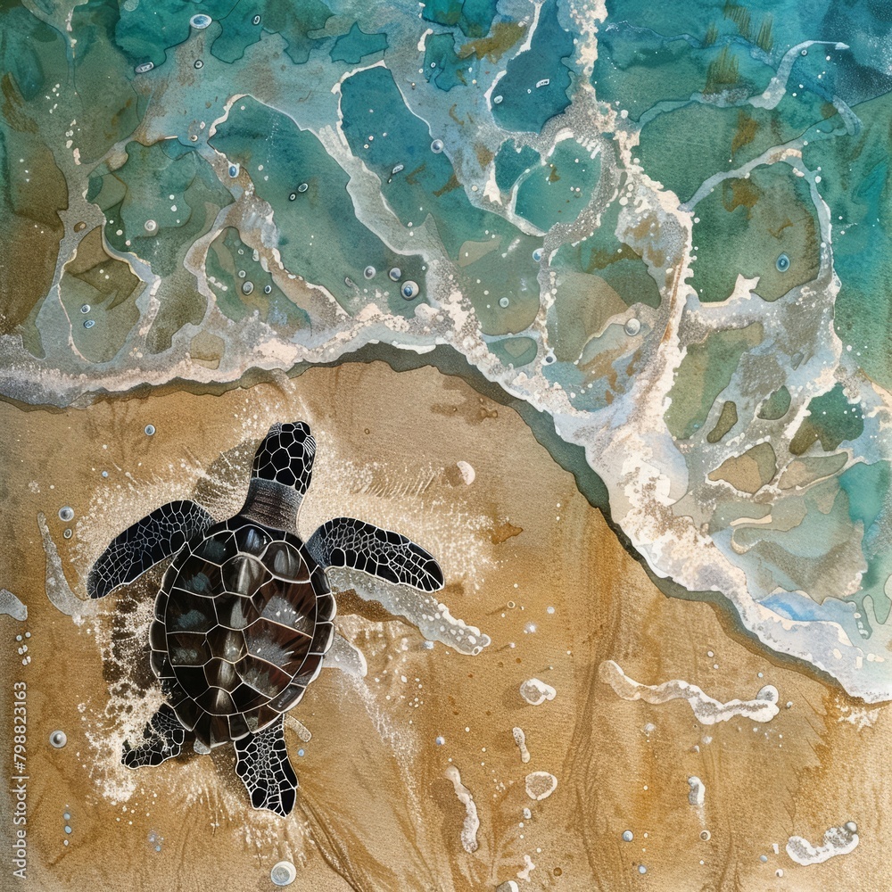 A watercolor painting of a baby sea turtle crawling on the beach with ...