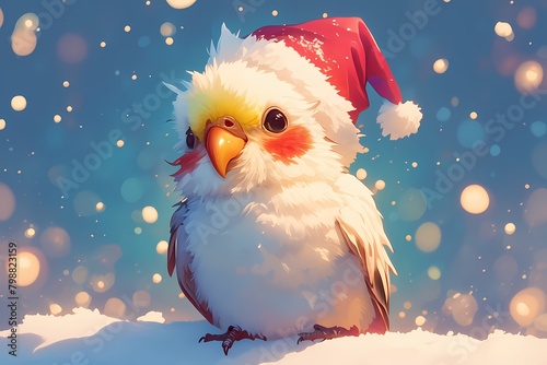cute cartoon parrot wearing christmas hat in the snow photo
