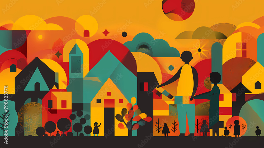 Obraz premium Colorful Abstract Illustration of a Community with People, Houses, and Nature Elements