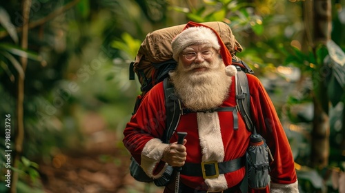 Santa Claus hiking in the jungle with a big backpack