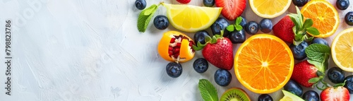 A variety of fruits and berries are arranged on a whitewashed wooden background