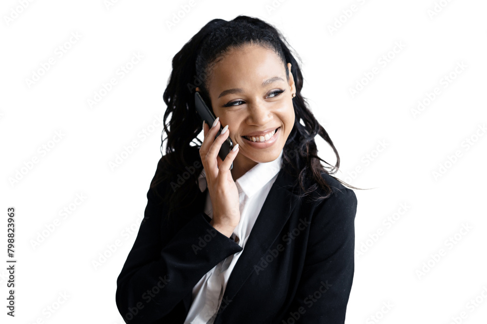 A female positive employee is talking on the phone, the background is cut out A female positive employee is talking on the phone, the background is cut out