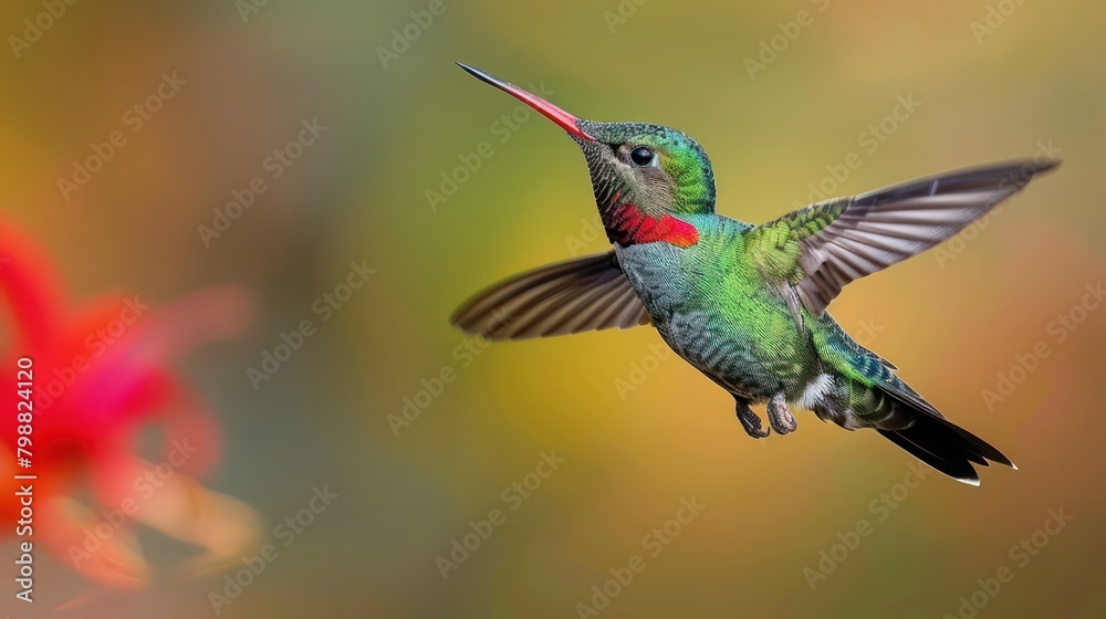 Fototapeta premium Beautiful wide-beaked colorful colibri bird flying against bokeh background
