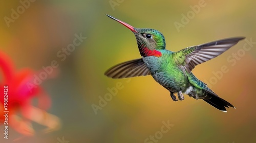 Beautiful wide-beaked colorful colibri bird flying against bokeh background