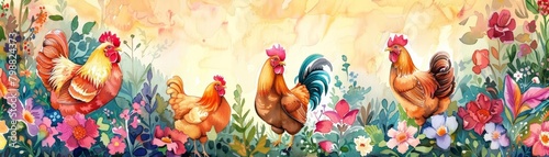 Backyard chickens cluck softly amidst vibrant, kawaii water color photo