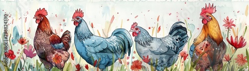 Backyard chickens cluck softly amidst vibrant, kawaii water color photo