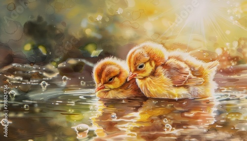 A watercolor painting of two baby ducklings standing on the edge of a pond, looking at their reflection in the water