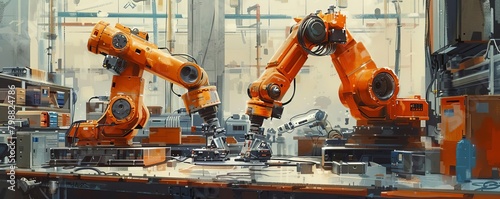 Orange robotic arms in a factory photo