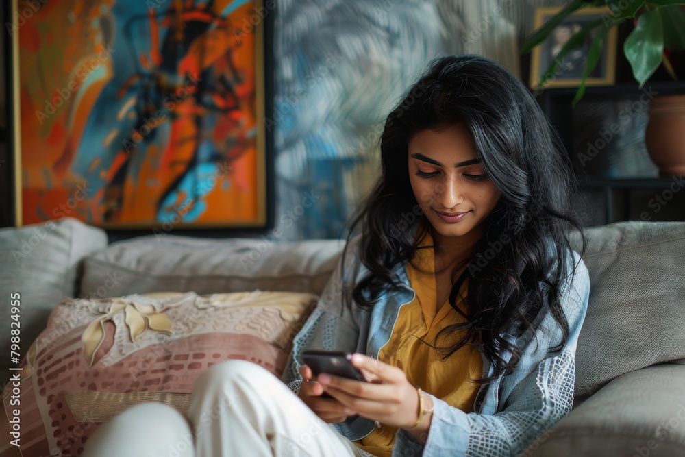 Portrait of pretty dreamy indian lady sitting on soft cozy couch use phone watching up planning weekend indoor house modern flat