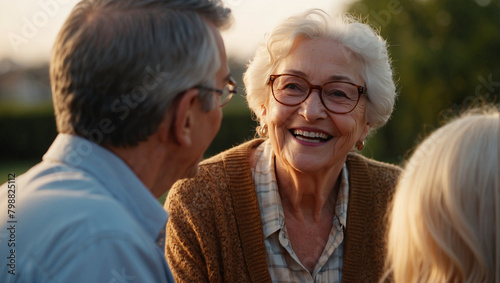Unbreakable Bonds: Smiling Elderly Friends Enjoying Chat Under Sunlight