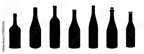 Wine bottle types vector illustrations set. Alcohol glasses abstract silhouette collection. Glass bottle types isolated. Minimal color flat filled black icon set.