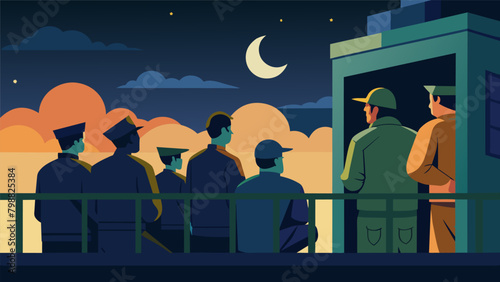 On a military base overseas soldiers gather on a balcony in the middle of the night bonding over their shared experiences and homesickness.. Vector illustration