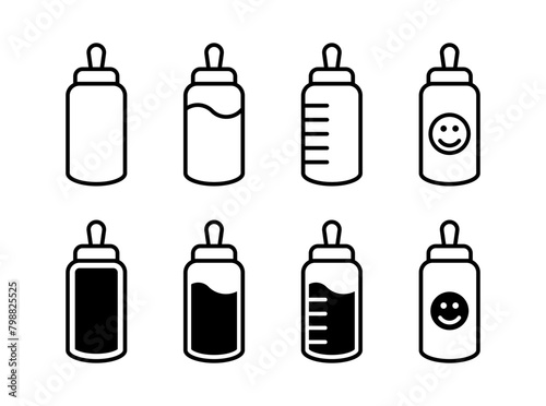 Baby milk bottle icon set. Baby feeding bottle set. Newborn nipple symbol isolated.