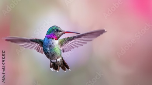 Beautiful wide-beaked colorful colibri bird flying against bokeh background