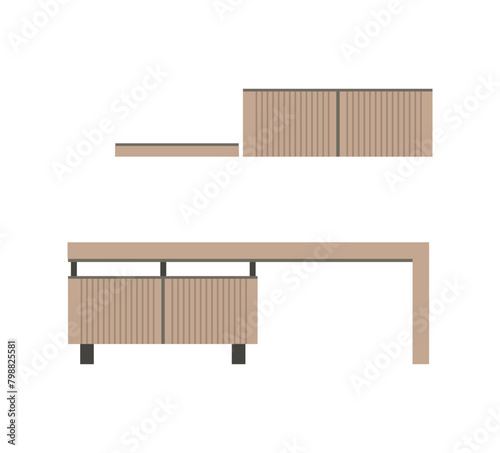 The table is a Scandinavian style console table. A wooden table. Vector illustration of a flat style Modern room interior
