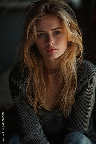 A beautiful young woman with long blonde hair and blue eyes is sitting in a dark room. She is wearing a gray sweater and looking at the camera with a serious expression.