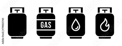 Gas tank icon set. Propane cylinder black symbol. Fuel canister pictogram. Petrol tank illustration. LPG or compressed methane filled icon isolated.