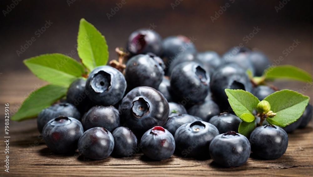 Blueberries with blueberry leaves on a old wooden table.
Blueberries with blueberry leaves on a old wooden table.