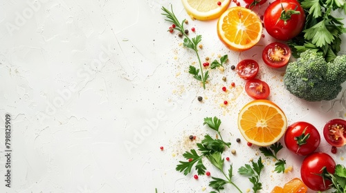 A variety of colorful vegetables and fruits are arranged on a white background. There are tomatoes, oranges, broccoli, and parsley.