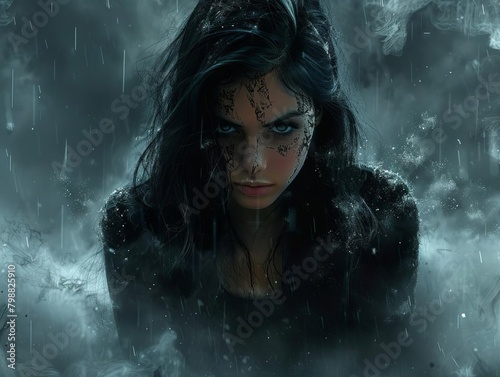A dark, gothic woman with long black hair and blue eyes, wearing a black dress, standing in the rain.