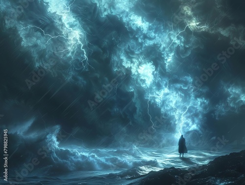 A dark figure stands on a cliff overlooking a stormy sea.