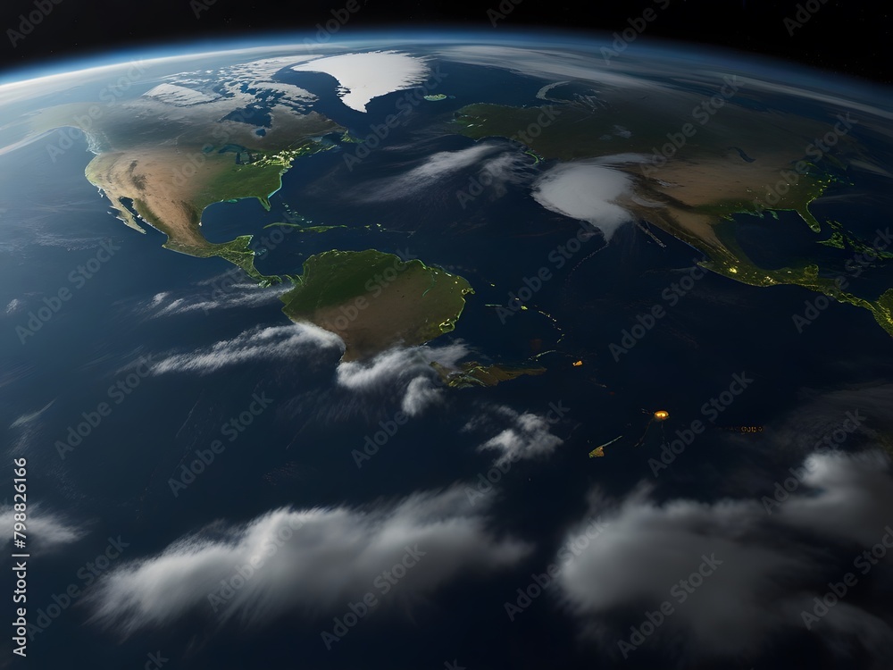 Earth image shows map of America with visible country borders, 3D illustration