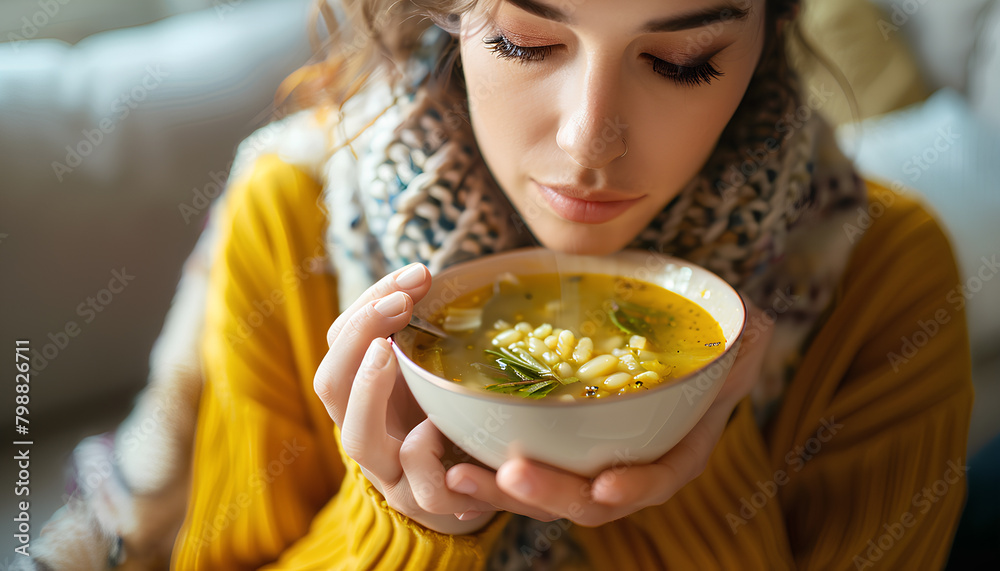 Ill young woman eating chicken soup at home - obrazy, fototapety, plakaty 
