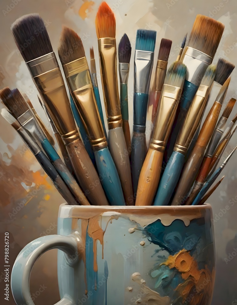 Fototapeta premium Vibrant display of an artistic mug with paint brushes, Generative AI.