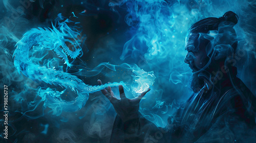  Mystical blue dragon of smoke and fog with human hand. symbol of the new year. Mystical dragon closeup view.