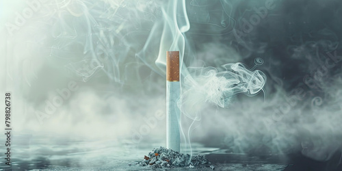 Extinguished cigarette standing on dark surface with rising smoke and ash on dark background. Dangers of smoking and addiction concept. No tobacco day. Ai generation.