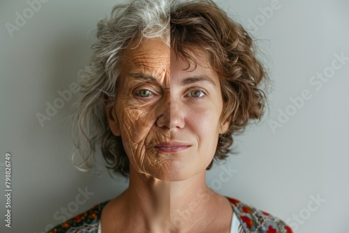 Skincare integration in old and mature skin care settings showcases age progression treatment of visible aging signs, focusing on woman's aging and skin firmness.