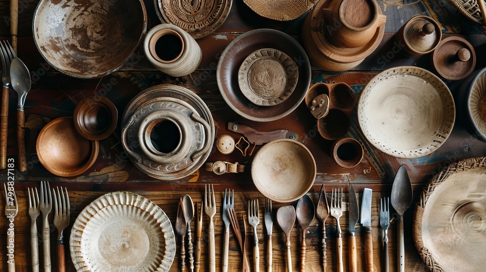 Arranged neatly on the table are handmade earthenware dishes, each one a unique work of art with its own distinct shape, color, and pattern. Whether it's a set of rustic ceramic plates, bowls, Arranged neatly on the table are handmade earthenware dishes, each one a unique work of art with its own distinct shape, color, and pattern. Whether it's a set of rustic ceramic plates, bowls,