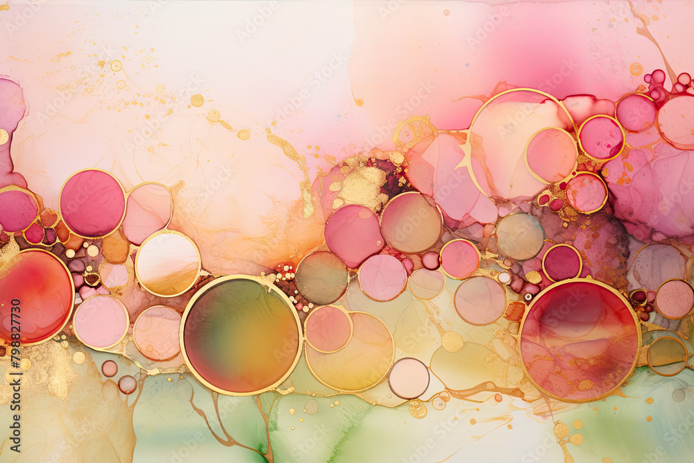 Abstract painting with pink, green and gold circles. - obrazy, fototapety, plakaty 