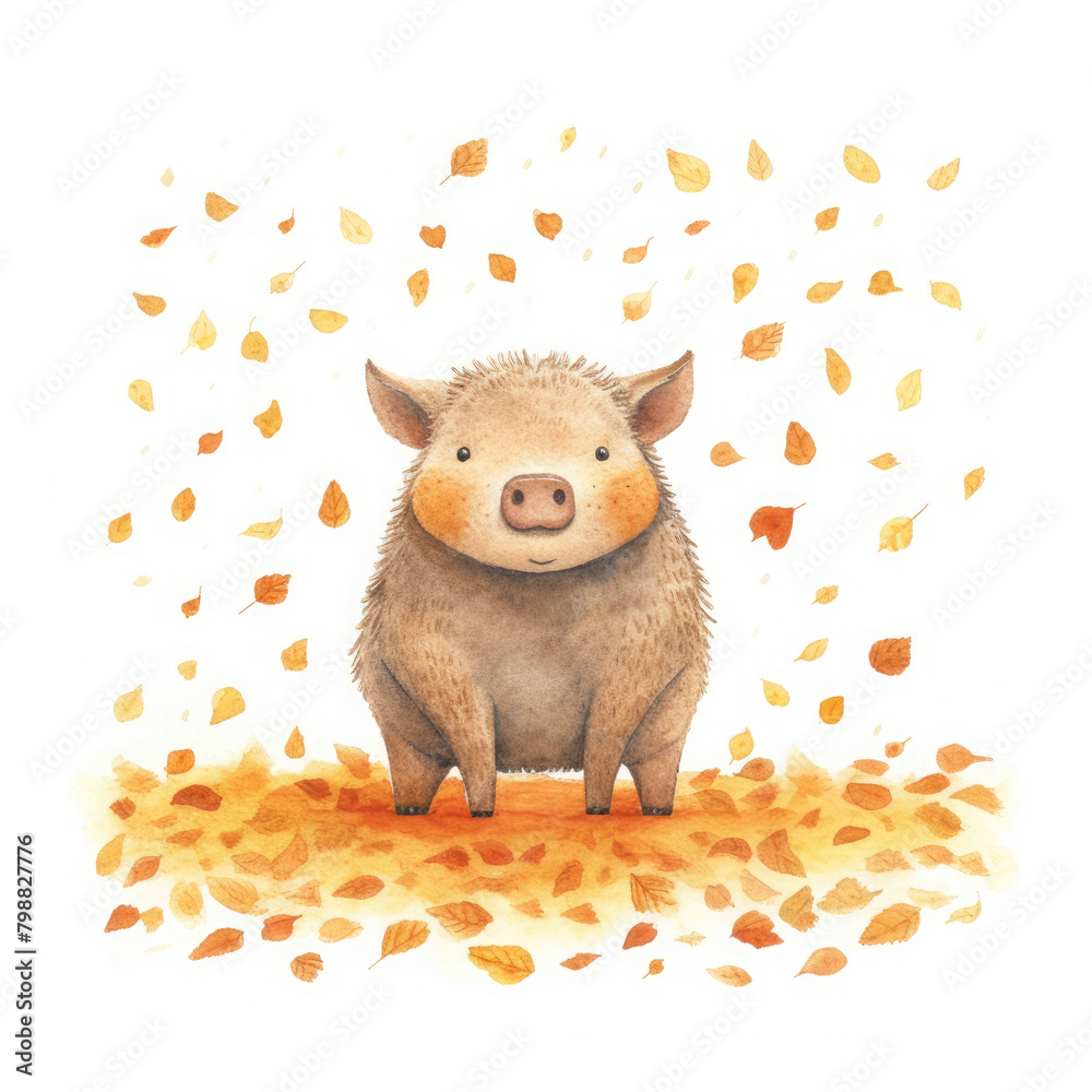 A cute cartoon pig standing on a pile of autumn leaves - obrazy, fototapety, plakaty 