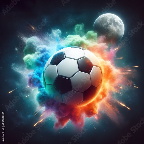 a photo realistic soccer ball as a planet in space with rainbow smoke and explosions  digital art