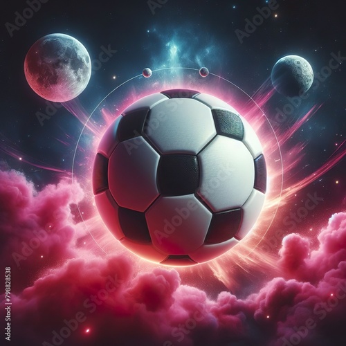 a photo realistic soccer ball as a planet in space with pink smoke and explosions
