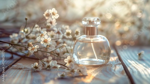 Envision a picturesque scene where a charming perfume bottle is delicately placed alongside fragrant dry jasmine on a rustic wooden table. This composition radiates an aura of natural beauty