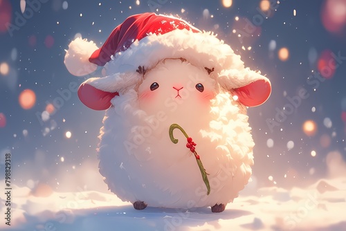 cute cartoon sheep wearing christmas hat in the snow photo
